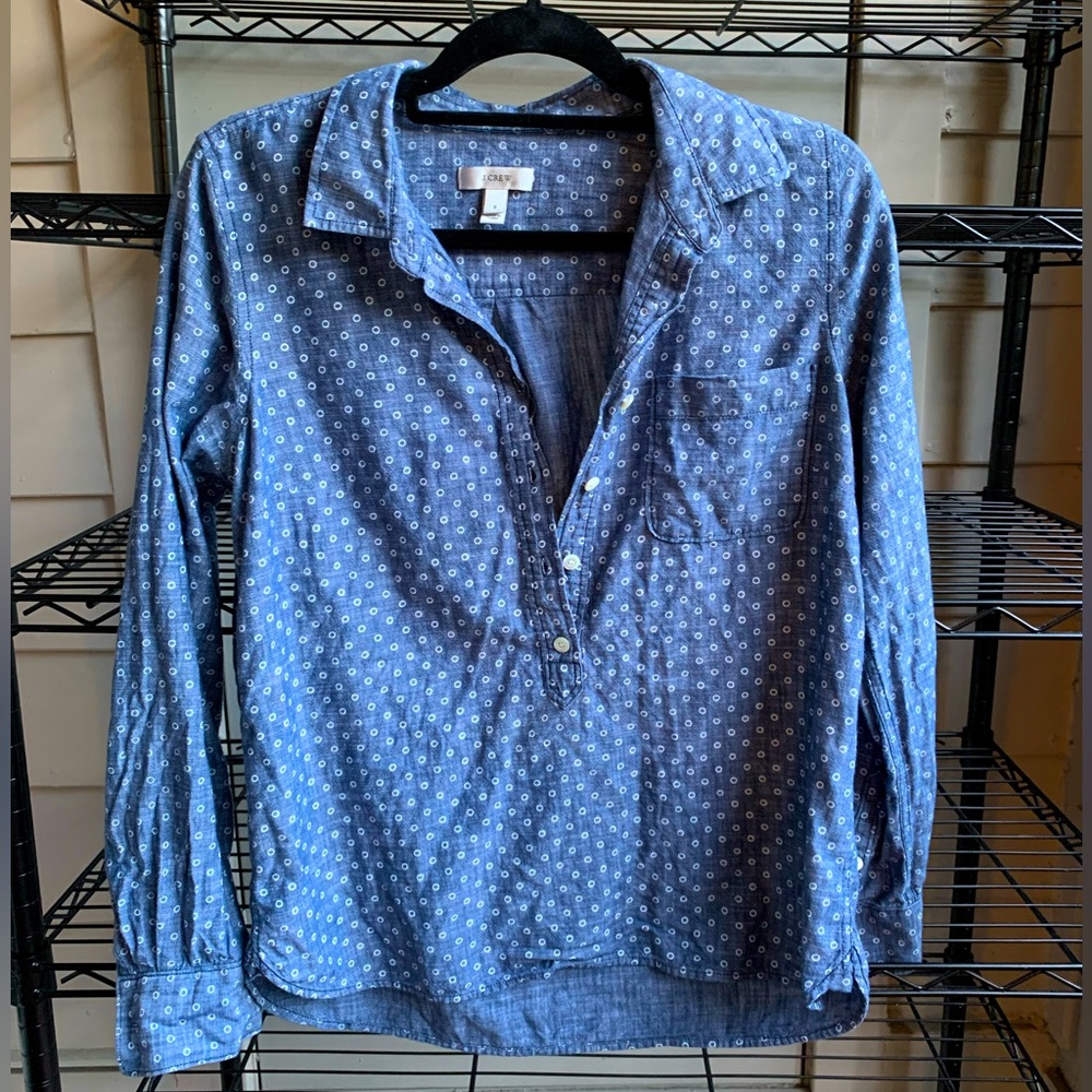J. Crew Patterned Chambray Partial Button-Up Blou… - image 1